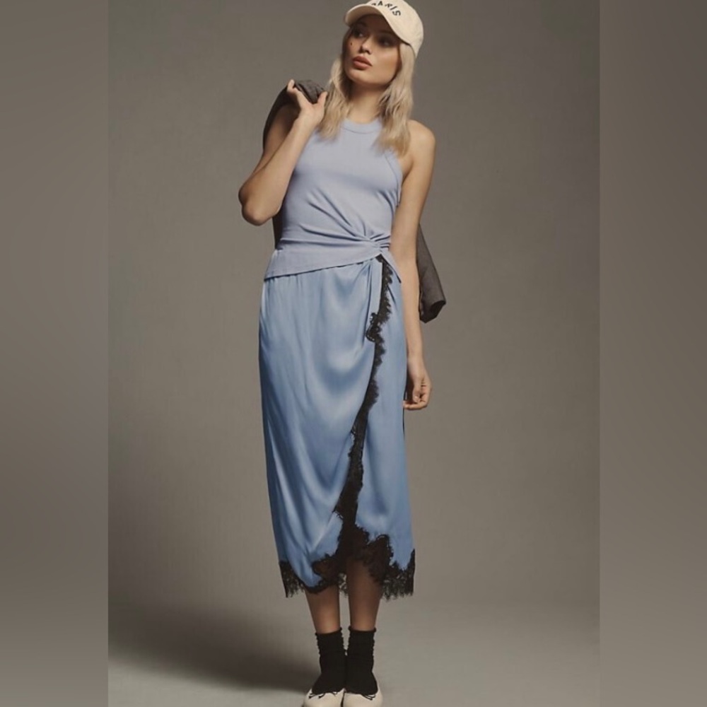 Anthropologie Keely Twofer Periwinkle Blue knit and satin midi dress - Picture 2 of 4